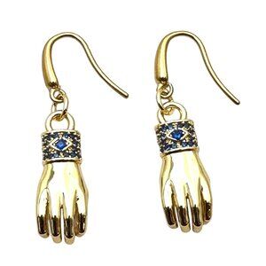 18K Gold Plated Evil Eye Blue Crystal Figa Fist Earrings Pierced Chandelier